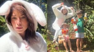 Letícia Colin vira coelhinha de Páscoa para surpreender filho com caça aos ovos