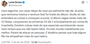 Luísa Sonza Rebate Fãs sobre Novo Álbum e Dispara: ‘Alguns Atrapalham Mais que Haters’