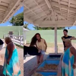Nicole Bahls leva cabeçada de vaca e cai em bebedouro na fazenda!