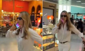 Mariana Ximenes é flagrada fingindo falar ao telefone no aeroporto e Tatá Werneck brinca: ‘Atrasada’