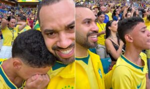 Gil do Vigor se emociona ao levar sobrinho para jogo do Brasil na Copa e chora de alegria!