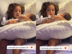 Lore Improta derrete redes ao filmar Liz cantando para acalmar irmão caçula