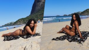 Rebeca Andrade aproveita dominguinho na praia do Rio para renovar bronzeado
