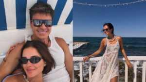 Vera Viel aposta em vestido rendado com transparência em beach club na Itália