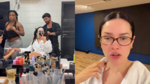 Juliette surge irreconhecível com máscara facial no camarim