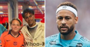 Davi Lucca posa com Lamine Yamal após goleada do Barcelona