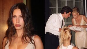 Hailey Bieber presta homenagem à moda de Carolyn Bessette Kennedy com vestido icônico