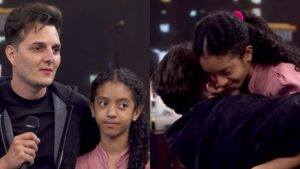 Menina que levou mais de 100 picadas de abelha reencontra herói motoboy no Domingão