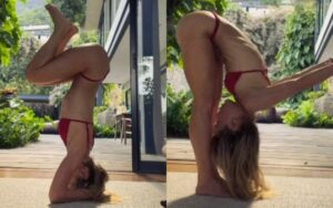 Carolina Dieckmann impressiona com yoga de biquíni aos 48 anos