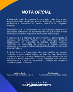 União e PP declaram apoio à reeleição de Davi Alcolumbre no Senado