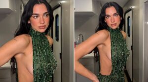 Dua Lipa arrasa em vestido esmeralda com fenda polêmica na ópera