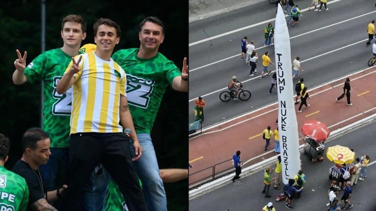 Ato de Flávio Bolsonaro na Paulista esconde bandeiras dos EUA após polêmica com apoiadores