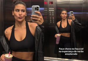 Giulia Costa exibe abdômen de respeito e motiva fãs: ‘Faça chuva ou faça sol’