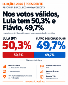 Eleições 2026: Lula marca 50,3% e Flávio Bolsonaro 49,7% em pesquisa que aponta empate técnico