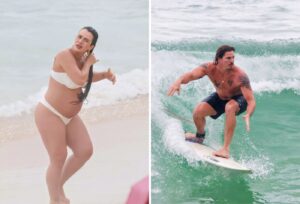 Mari Saad grávida troca beijos com Rômulo Arantes em dia de surfe no Rio