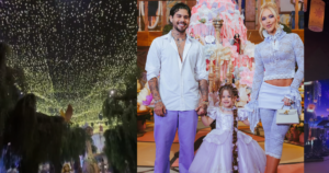 Maria Flor ganha festão de princesa com bolo de 1 tonelada e 300 mil luzes