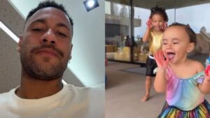 Neymar se derrete ao ver filhas reproduzindo seu gesto de gol