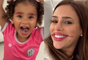 Neymar brinca com Mavie em camisa do Santos e ganha maquiagem de Bruna Biancardi