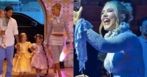 Look de Virgínia na festa de Maria Flor causa polêmica: renda branca e cintura baixa geram debate